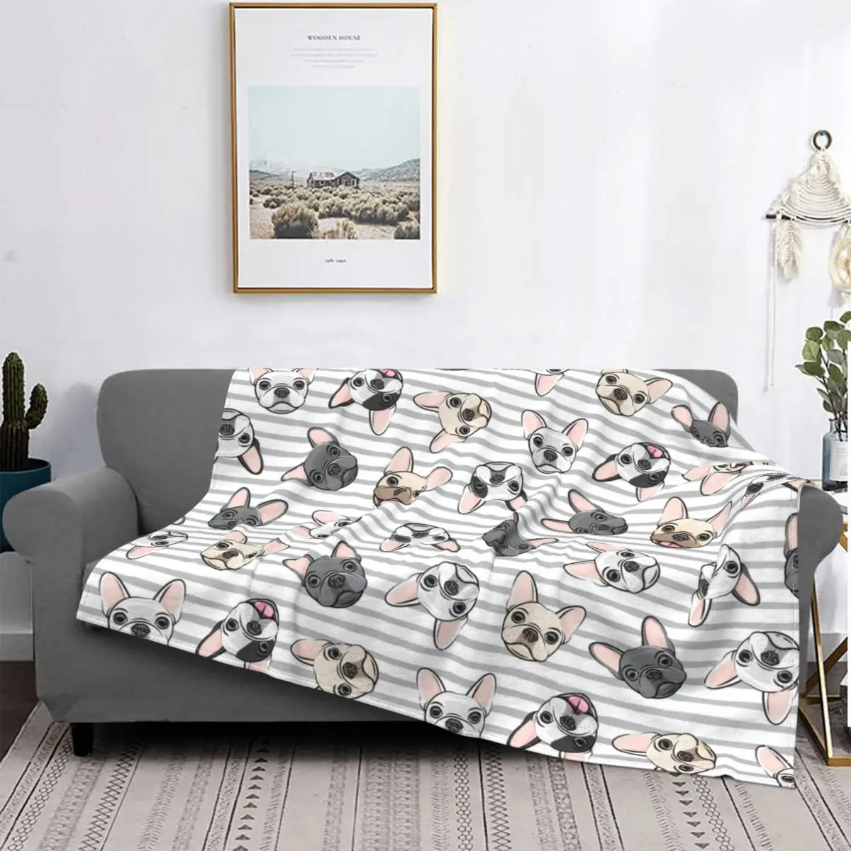

All The Frenchies Aqua Stripes Cute French Bulldog Dog Blankets Flannel Animal Puppy Breathable Warm Throw Blanket For Sofa