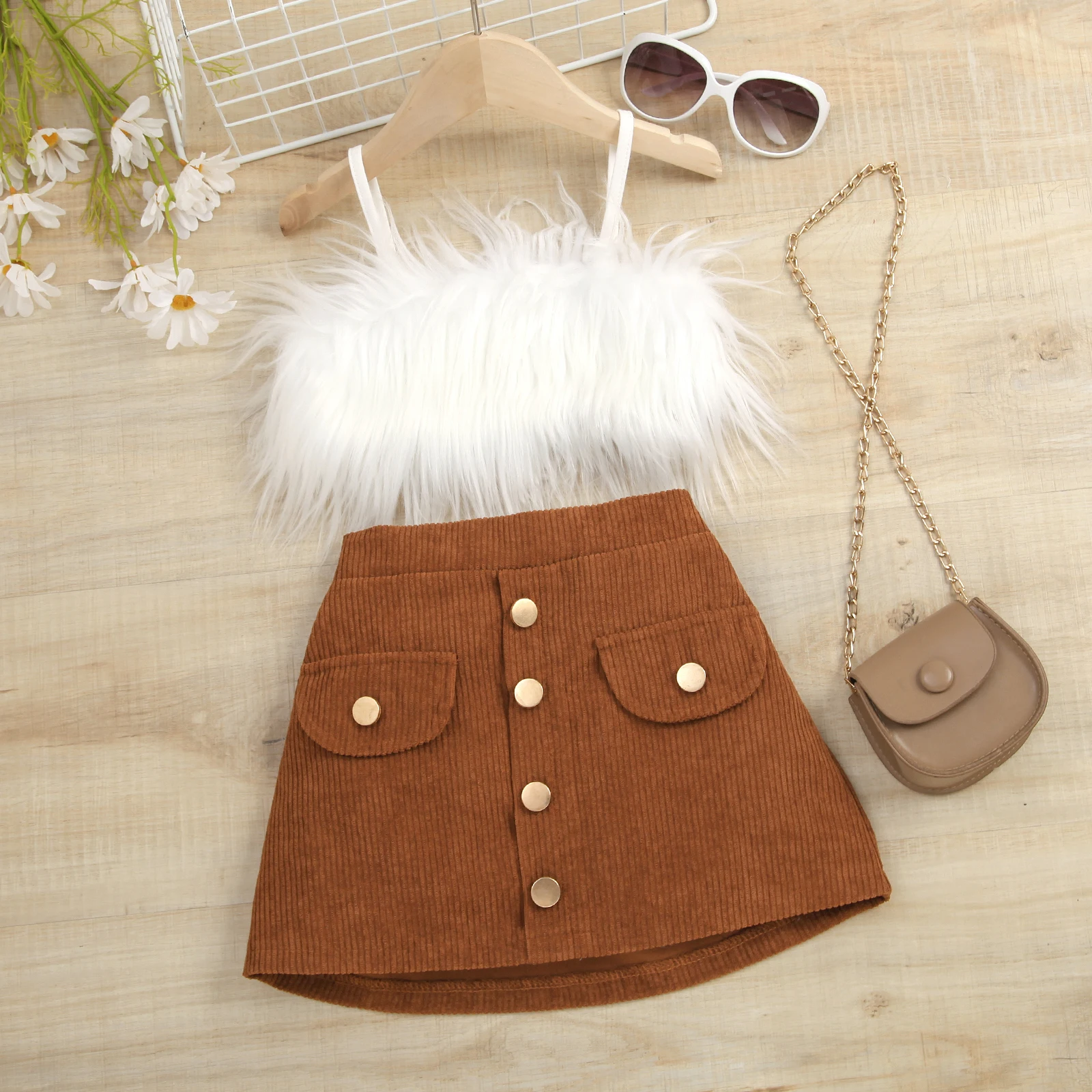 

2 Colors Fashion Children Kid Girls Clothes Sets 1-6Y Solid Fur Feather Strap Crop Tops+Button A-line Mini Skirts Casual Outfits