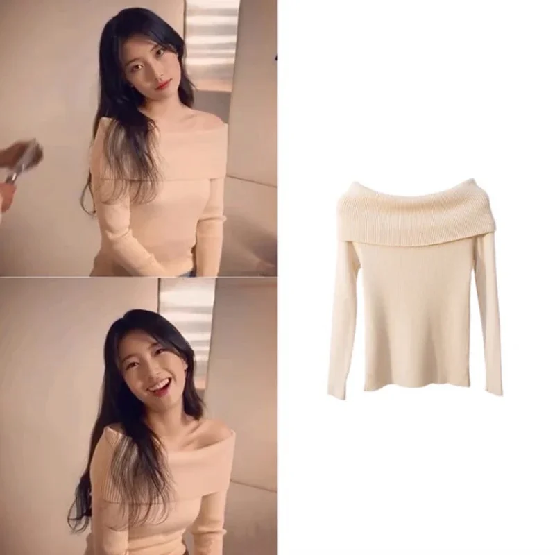 Kpop Korean Star Streetwear Sexy Off Shoulder Slim Pullovers Swetry damskie Wiosna Uniwersalny sweter z dzianiny Sweter długim rękawem