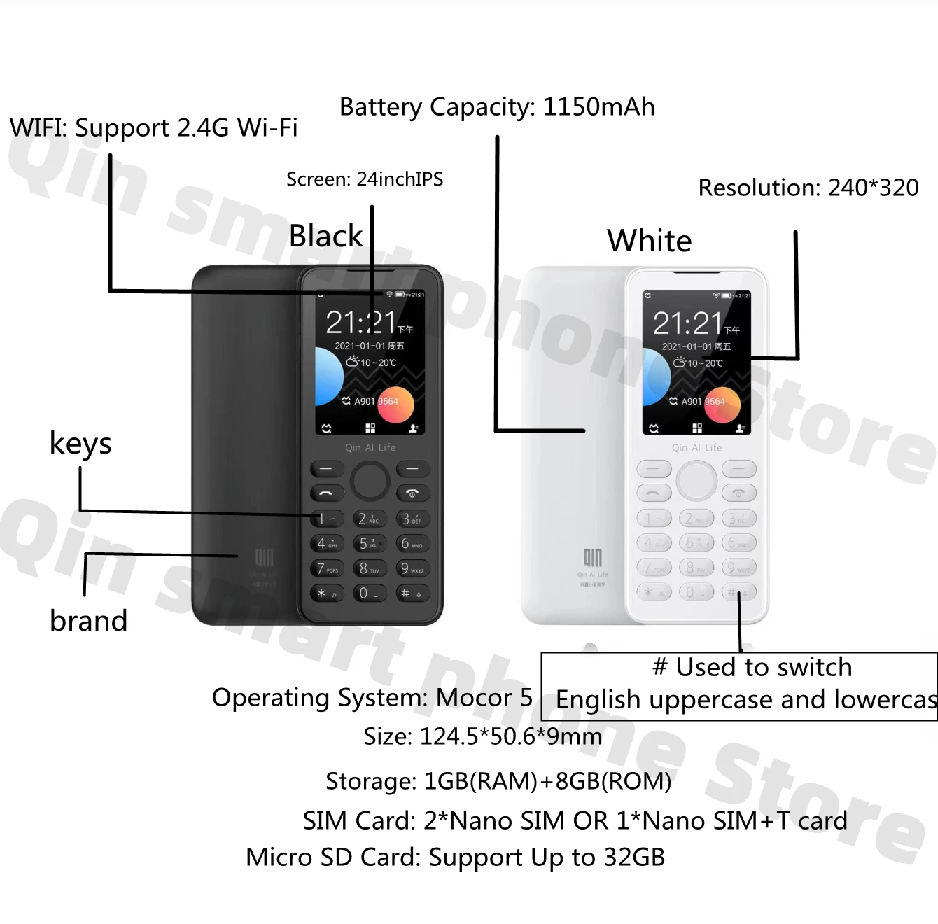 Support Russian Русский Youpin Qin F21S Mobile Phone VoLTE 4G Network Wifi+2.4 Inch BT 4.2 phone without camera