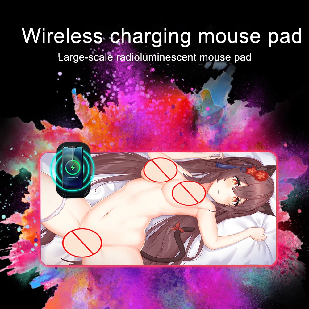 

RGB LED Mouse Pad Sexy Busty Girl Backlit Wireless Charging MousePad Genshin Impact HUTAO Raiden Ei Gaming Accessories Playmats