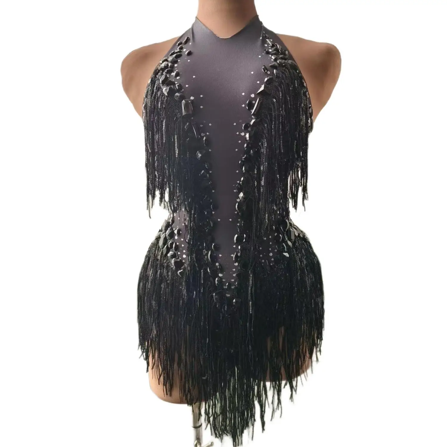 

Sparkly Black Stones Sequins Fringes Leotard Women Sexy Performance Clothing Nightclub Outfit Dance Costume One-piece Stage Wear