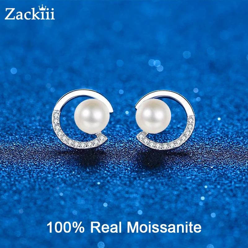 

100% Freshwater Cultured Pearl Earrings for Women Real VVS1 Moissanite Stud Earrings 925 Sterling Silver Pearl Ear Studs Jewelry