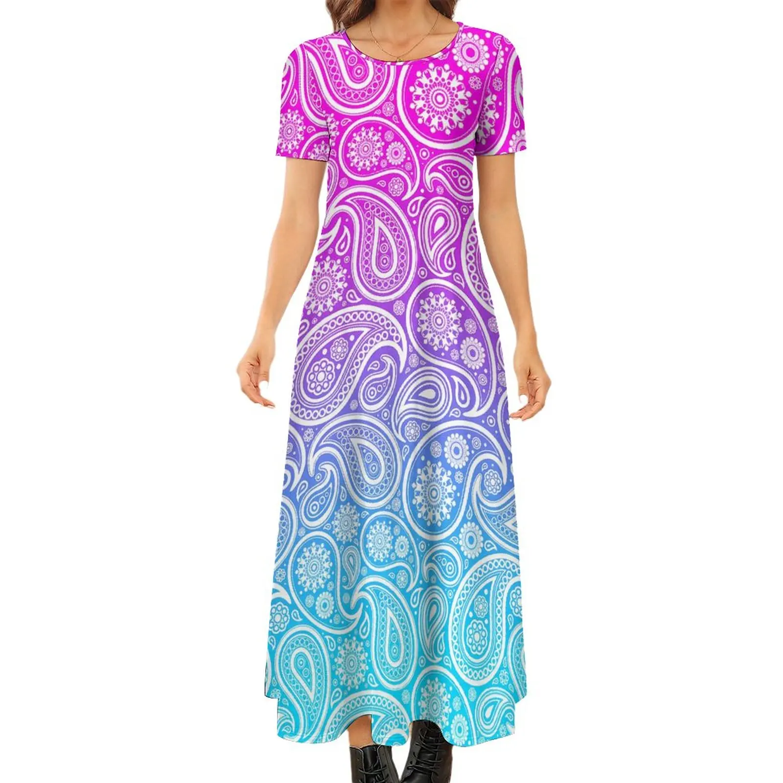 

White Paisley Dress Pink to Blue Ombre Trendy Maxi Dress Women Short Sleeve Korean Fashion Boho Beach Long Dresses 5XL 6XL 7XL