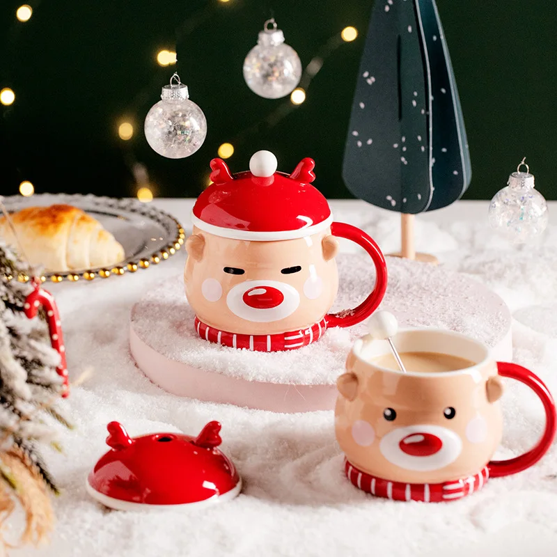 

Christmas Elk Ceramic Mug Drinking Cup Breakfast Milk Cup Tea Coffee Cup with Lid Drinkware New Year Decorations Christmas Gift