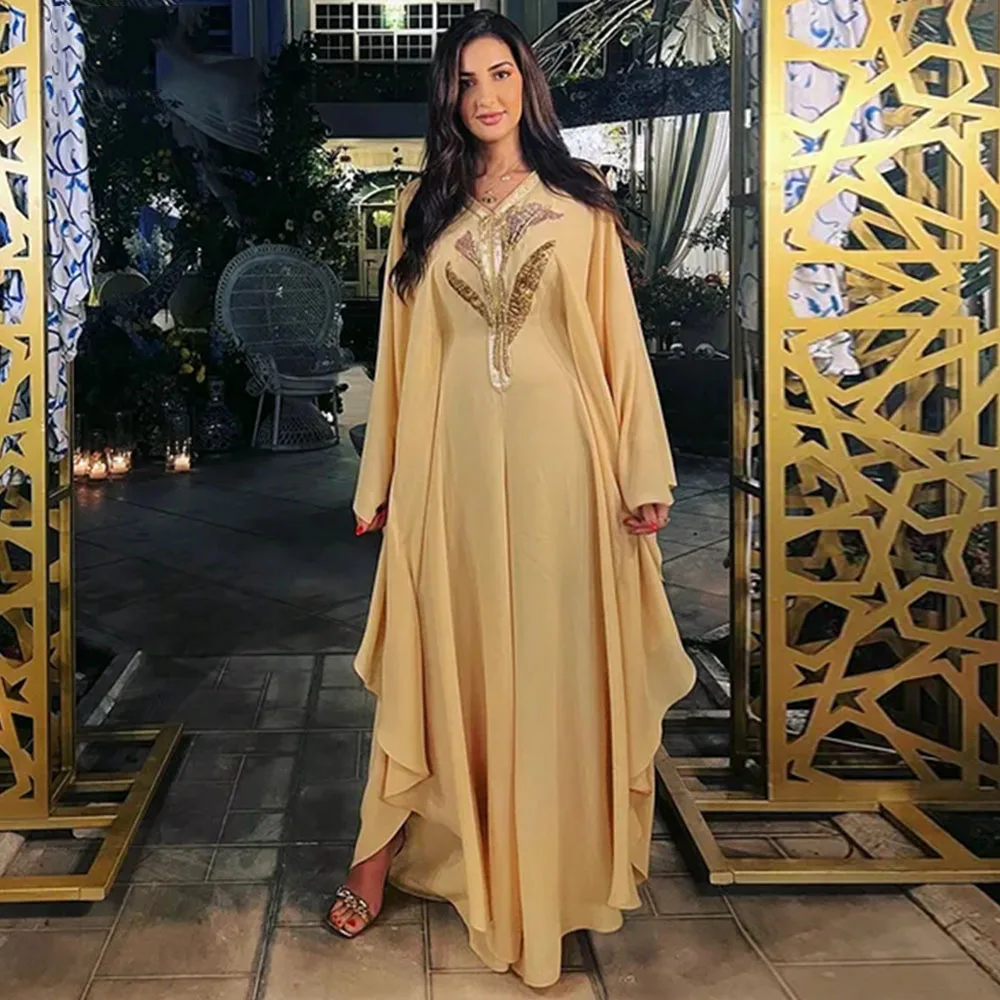 

GUXQD Beach Prom Dress Chiffon Appliques V-neck Arabic Dubai Prom Gown Long Sleeves Party Gown Dubai African Vestidos De Noche