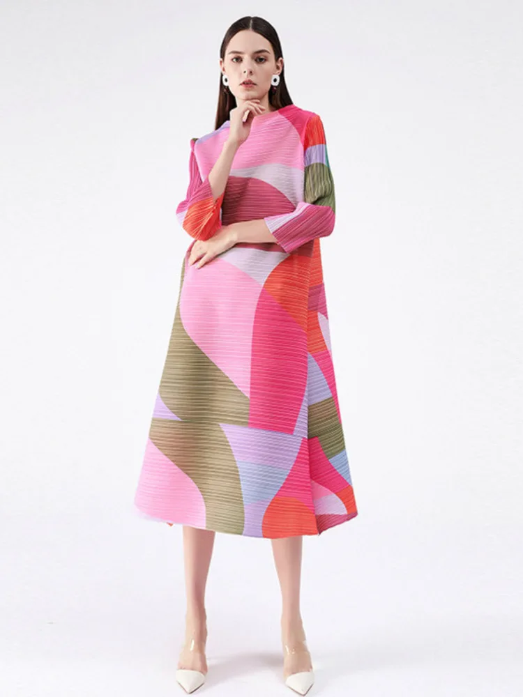 

Miyake Pleated Dress Women Hit Color Geometric with Belt Sashes Over Size Long Sweet Casual New Autumn 2023 Fashion Tide Dresses