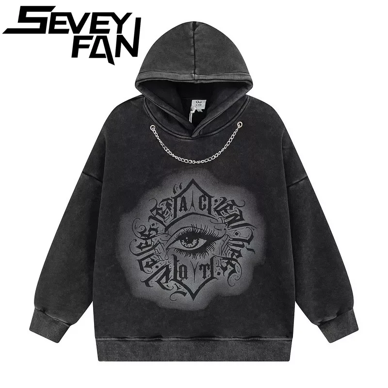 

NEW IN Cotton Plush Hoodie High Street Washed Retro Letters Eye Printing Sweatshirts Thick Fleece Pullover Male Female