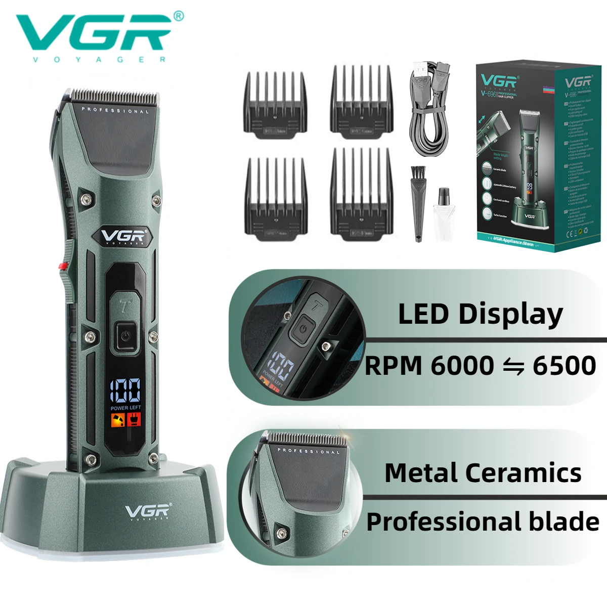 VGR Hair Clipper with Charging Base Professional Mens Hair Trimmer Army Green Haircut Machine Electric Clippers for Barber V-696
