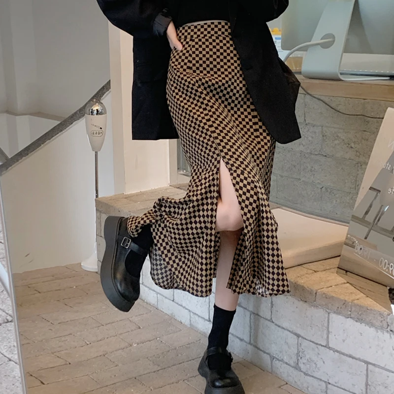 

Slim Vintage High Waist Plaid Mermaid Skirt Women Split Autumn Mid Faldas Mujer OL Temperament Trumpet Sexy Street Brown Skirt