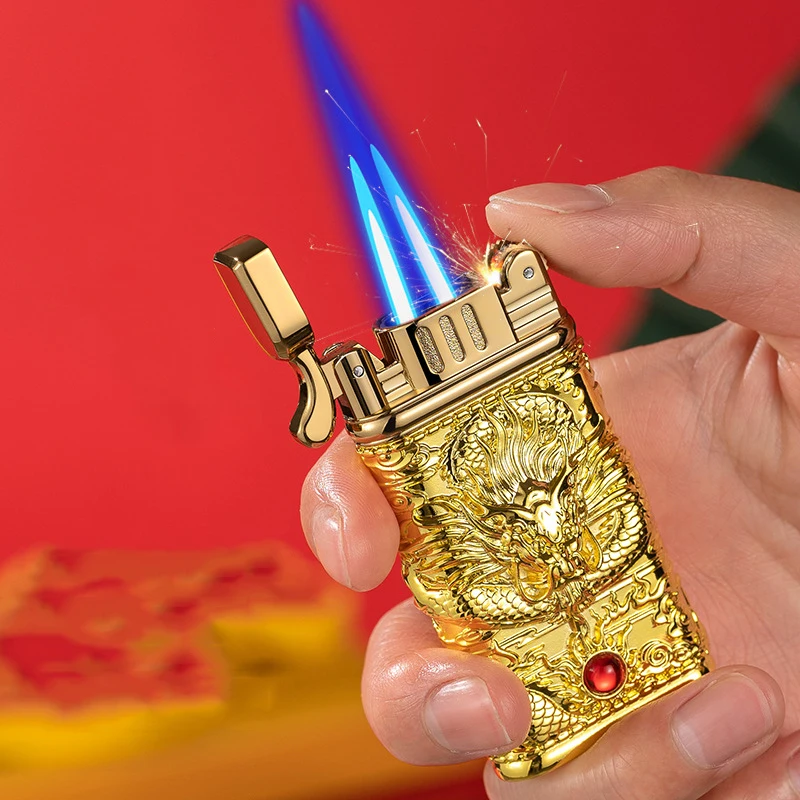 

Jet Grinding Wheel Embossed Dragon Torch Lighter Windproof Blue Double Flame Turbo Metal Inflatable Butane Gas Cigar Lighters