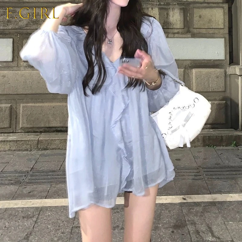 

Женская шифоновая блузка с длинным рукавом, свободного покроя