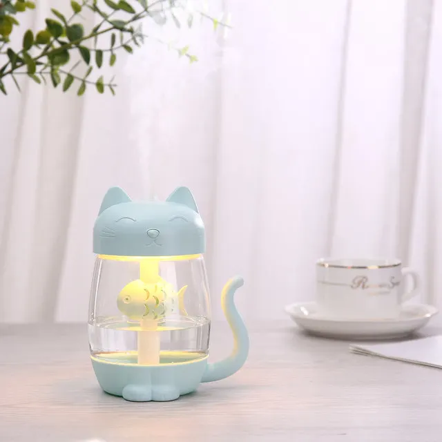 

Home appliance 350ML Cat Air Humidifier With Color LED Light Ultrasonic 3 In 1 Adorable Cat Eat Fish Humidificador USB Aroma Dif