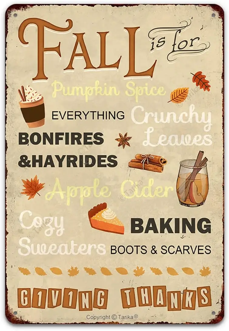Vntge Tn Sgn Wll Decor Fll s For Pumpkn Spce Everythng Crunchy Leves pple Cder Bonfres Hyrdes Bkng Retro Metl Plque Ptch
