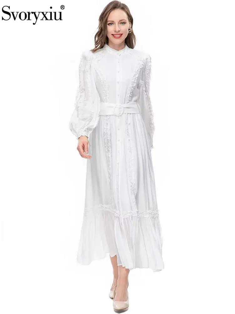 Svoryxiu Spring Summer Fashion Vintage White Color Midi Dress Women's Lantern Sleeve Button Ruffle Sashes Regular Waist Dress