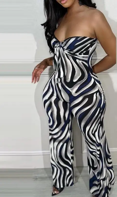 

Long Jumpsuits Women 2023Summer New Casual Fashion Sexy Bra Fit Zebra Stripe Print Tied Detail Jumpsuit High Street Y2K Clothing