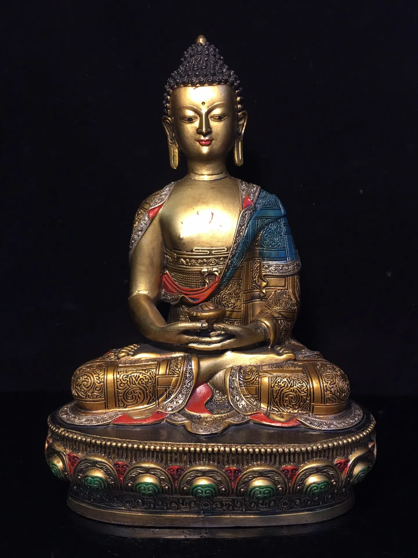 

Коллекция тибетских храмов, 12 дюймов, старая бронзовая роспись, Будда самбо, Шакьямуни Амитабха, лотос, платформа, семейный дом
