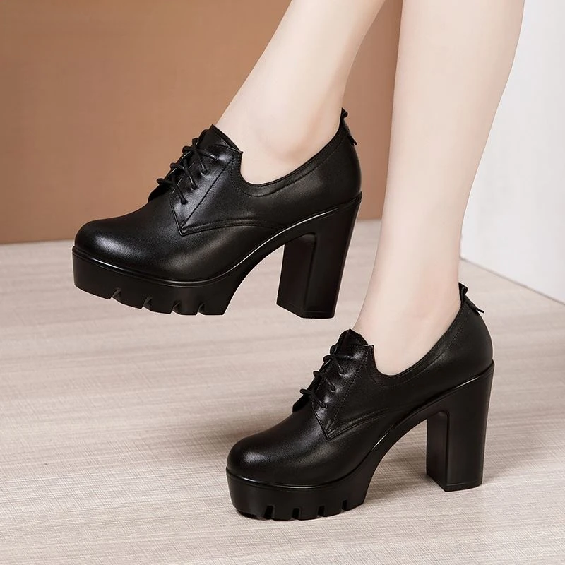 

Spring Autumn Platform Oxford Shoes for Women 2022 Deep Mouth High heels Pumps Leather Ladies Shoes for Office Plus Size