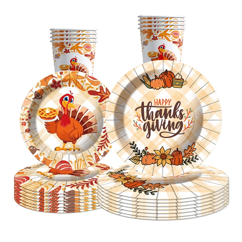 

10 Guests Thanksgiving Day Tableware Maple Pumpkin Turkey Plates Cups Napkins Autumn Harvest Party Country Party Supplies