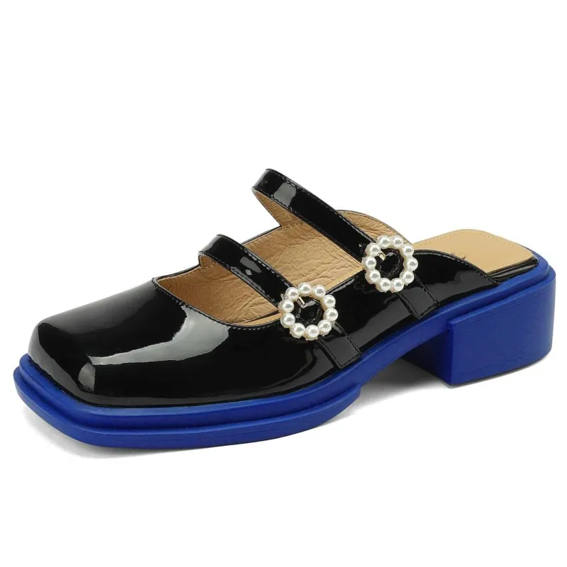

Dilalula Big Size Sheep Patent Leather Square Toe Med Heel Mules Pearl Decoration Fashion Elegant Brand Women Slippers