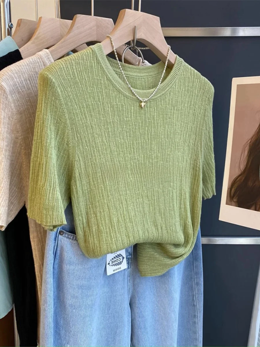 Женская футболка с коротким рукавом и круглым вырезом летняя Однотонная из