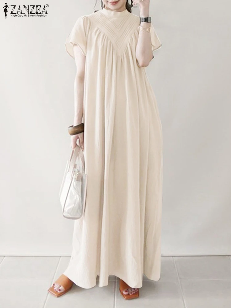 

Summer Loose Dress 2022 ZANZEA Women Vintage Maxi Long Dress Stand Collar Vestidos Casual Robe Holiday Sundress Oversized Robes