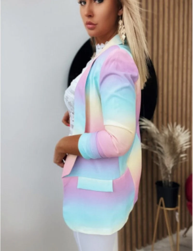 Color Printing Gradient Color Cutaway Neck Cardigan Autumn Spring Elegant Casual Long Sleeve Jacket Office Ladies Suit Jacket