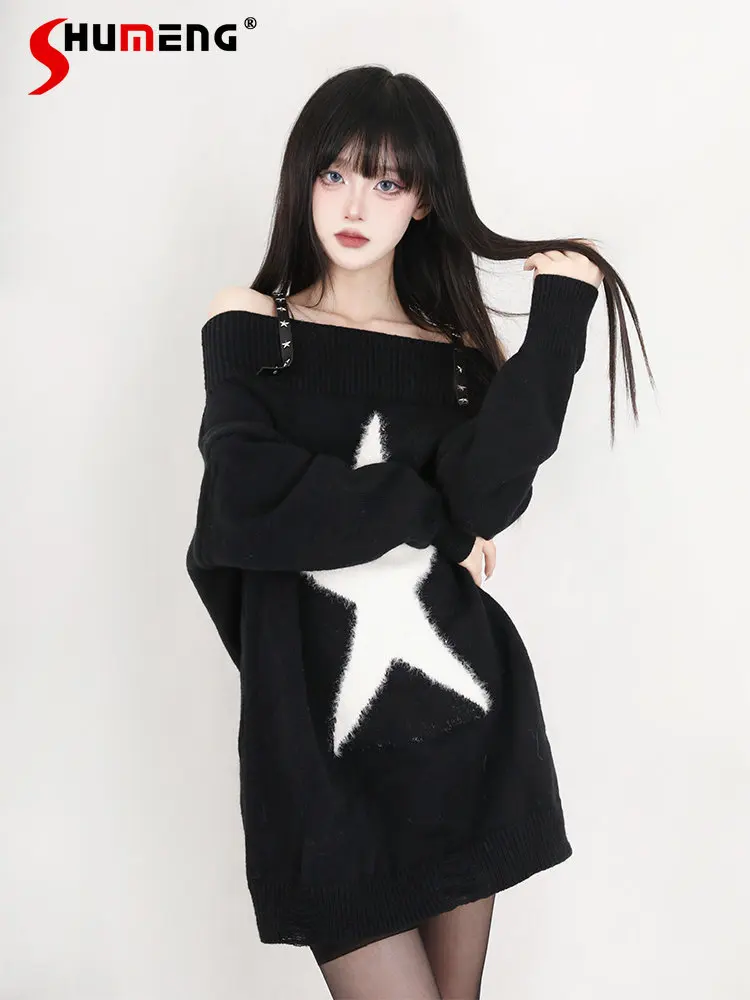 

Loose Black Off-Shoulder Mid-Length Plush Sweater for Women 2023 Autumn and Winter New Lady Long Sleeve Pullover Sweaters Mujer