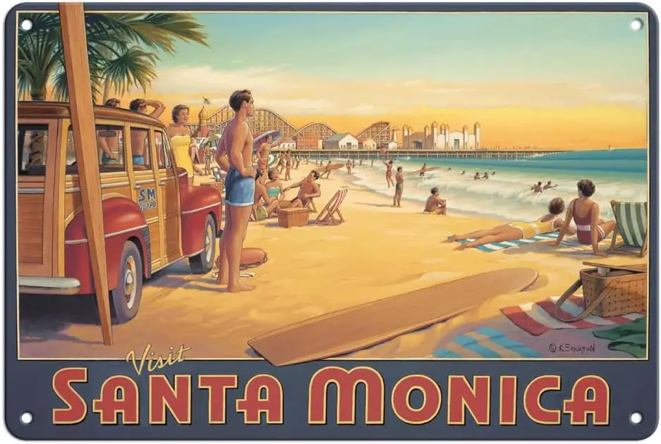 Vst Snt Monc - Clforn Per Плакат Vntge Trvel от Kerne Erckson 8 x 12 nch Metl Tn Sgn