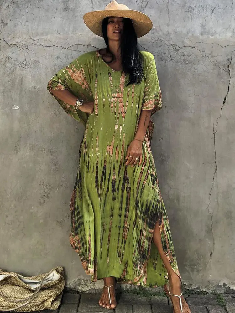 

2022 Bohemian Striped Print Women Beach Dress Bathing Suit Cover Up Summer Tunic For Woman Beachwear Robe de plage Kaftan