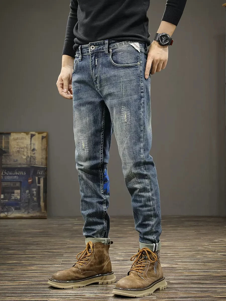 Fashion Designer Men Jeans High Quality Retro Blue Elastic Slim Fit Ripped Jeans Men Vintage Trousers Printed Denim Pants Hombre