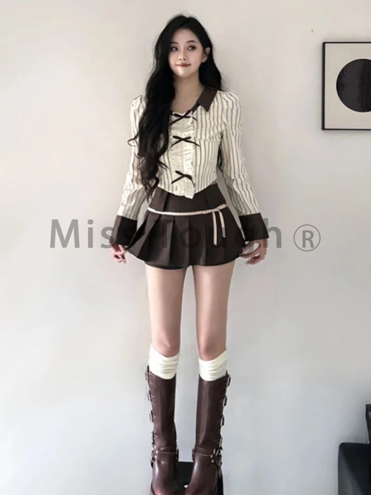 Женский винтажный комплект из 2 предметов элегантная рубашка в полоску с бантом и