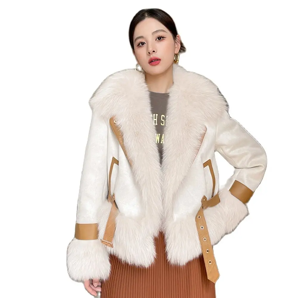 Women Real Fur Coat Autumn Winter Chic Turn-down Collar Fox Fur Patchwork Suede Fur Jacket Loose Goose Down Filling Outerwear