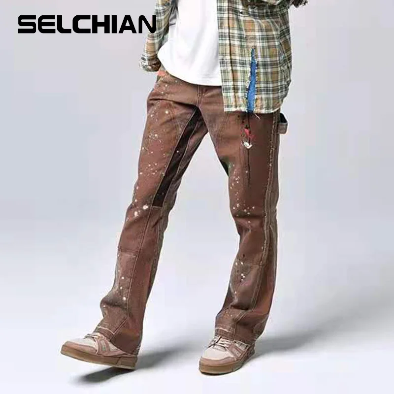 

Graffiti Ink Painted Wide Leg Flare Pants Mens Streetwear Straight Casual Jeans Harajuku Washed Retro Loose Denim Trousers