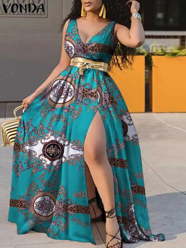 

VONDA 2022 Oversize Bohemian Women Sleeveless Vestidos High Split Hem Robe V Neck Floral Print Beach Dress Femme Party Sundress