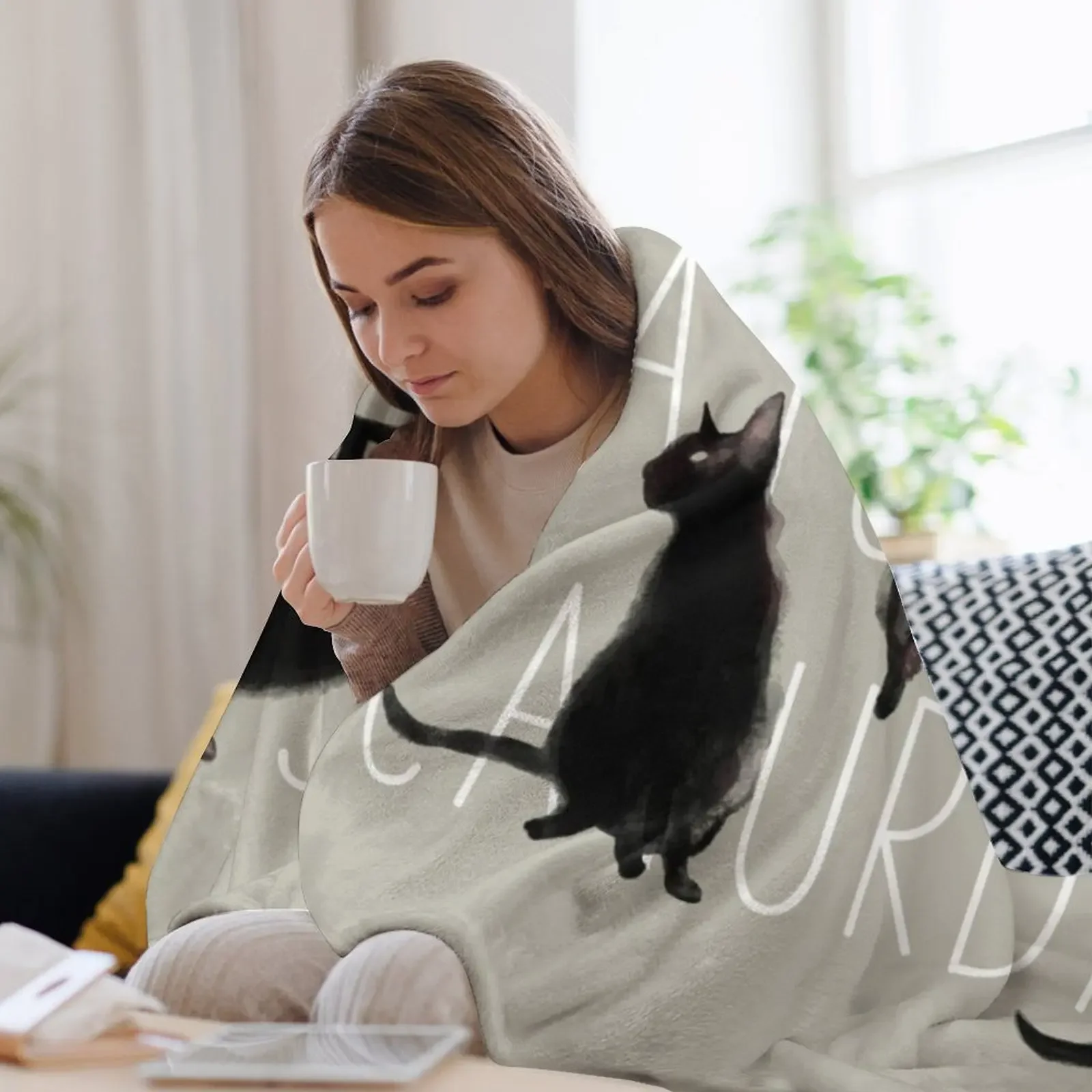 Фото Caturdays - плед с изображением черной кошки, уютное одеяло для сна, подарок для мамы и папы №3