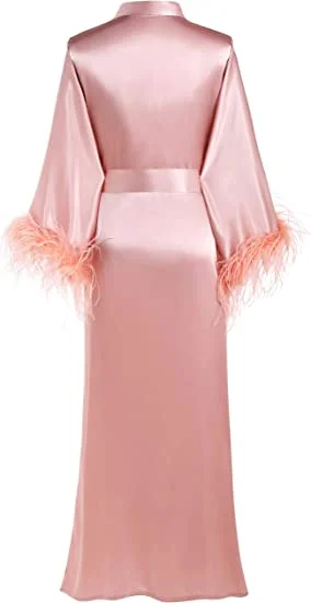 Pink Feather Floor Length Maxi Dressing Gown Robes Long Bridal Robe Boudoir Bridesmaid Gifts Satin Trim Bride Kimono Wedding