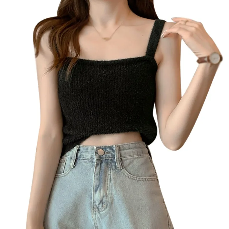 

Женский Повседневный короткий топ на бретельках, трикотажный кроп-топ карамельных цветов, майка без рукавов, весна-лето