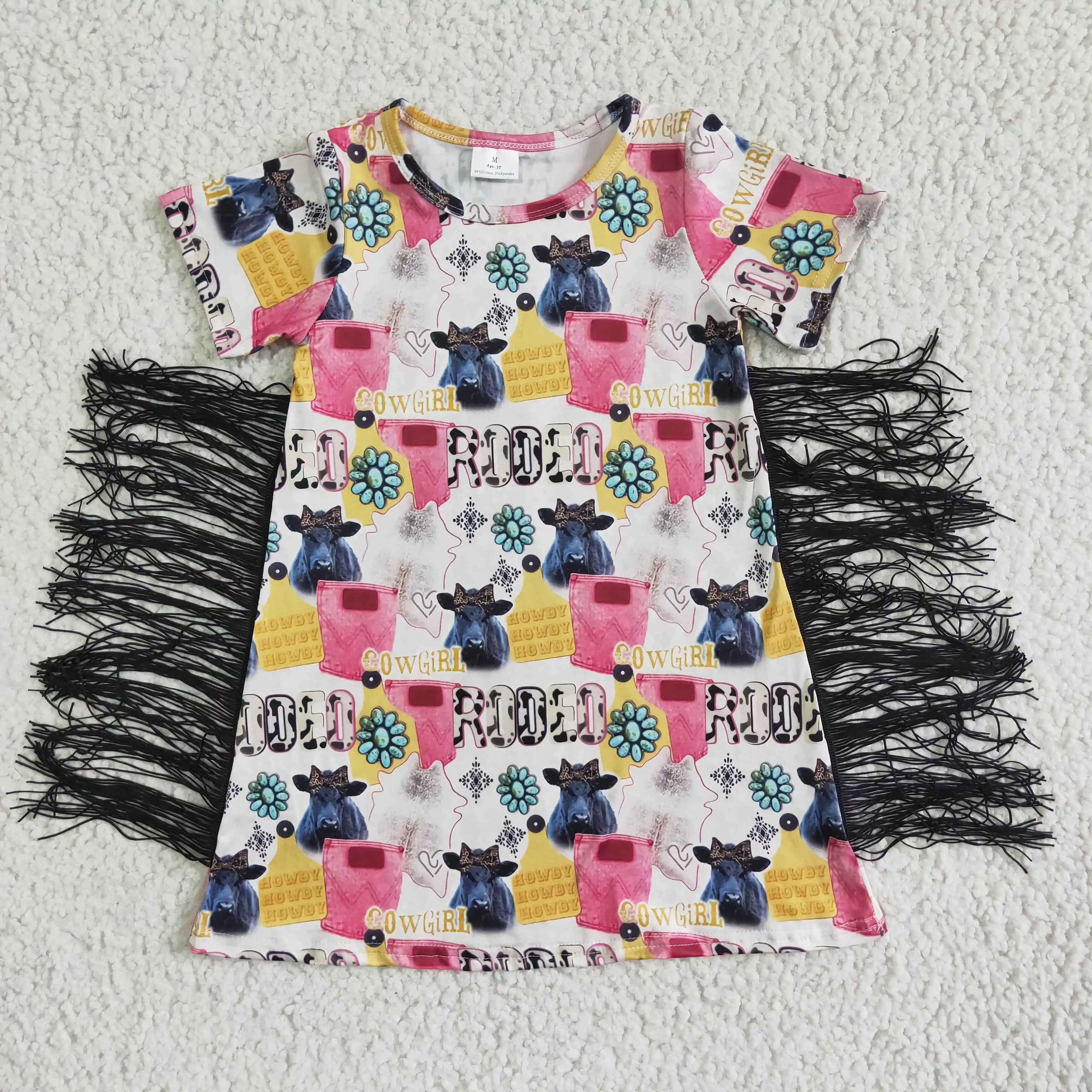 

Boutique Toddler Girls Rodeo Cow Dress Fringe Clothing Children Short Sleeves Twirl dresses Kids Popular Turquoise Skirts