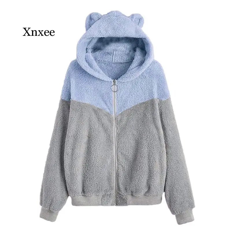 

Зимние новые женские толстовки, флисовый топ в стиле пэчворк, толстовка с длинным рукавом, теплая плюшевая толстовка с капюшоном в виде медведя, пуловер, топы