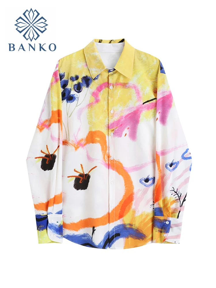 

Hand-Printed Blouses Women 2021 New Lapel Cardigan Fashion Shirt Ladies Streetwear Beach Boyfriend Blusas Ins Long Sleeve Tops
