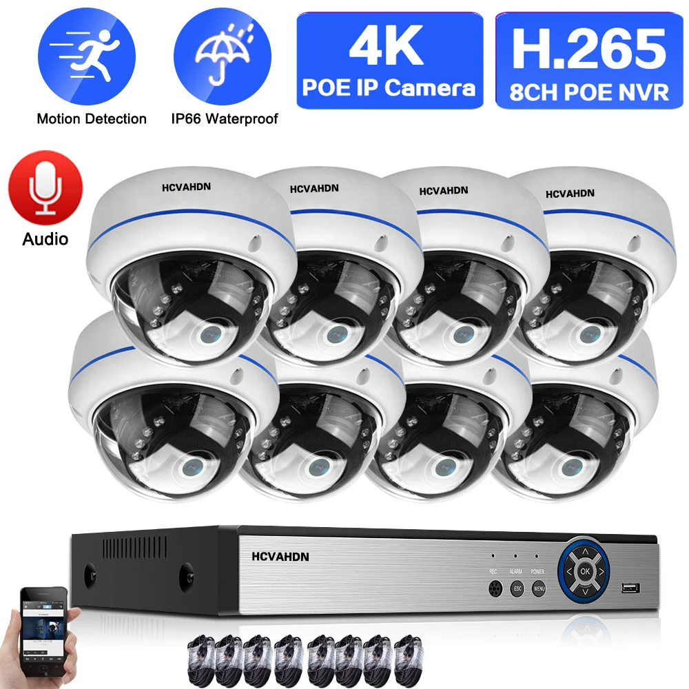 

H.265 4K Ultra HD CCTV Video Surveillance Kit 8MP 8CH POE NVR Kit Outdoor Waterproof POE IP Dome Security Camera System Set P2P