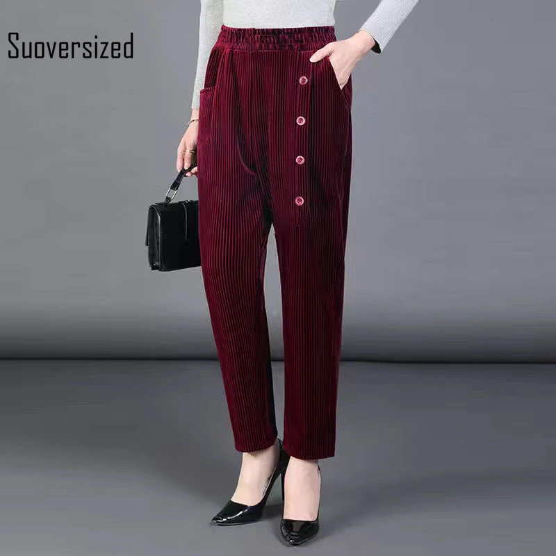 

Suoversized Spring Korean Velvet Harem Pants Mom High Waist Loose Button Design Pocket Plus Size Pant Ladies Casual Trousers