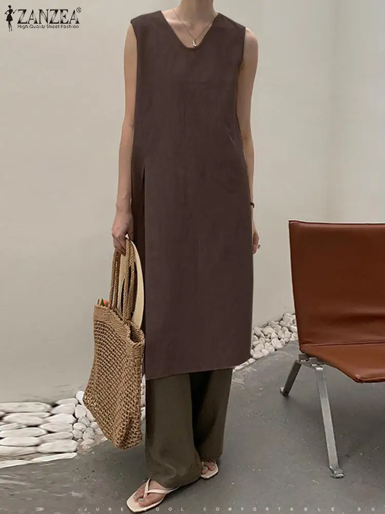 

Женское свободное платье-миди без рукавов ZANZEA, летнее однотонное платье с разрезом и v-образным вырезом, модель 2022