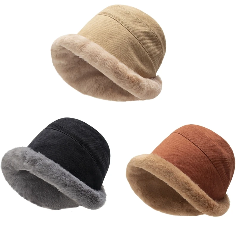 

449B Winter Faux Fur Bucket Hat Fluffy Warm Hat for Women Men Basin Hat Getaway Headwear Jazz Streetwear