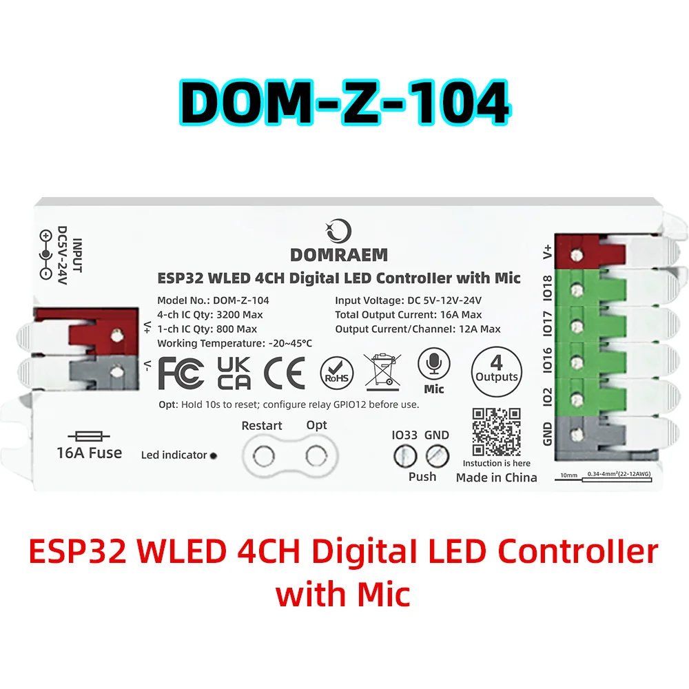 

DOMRAEM ESP32 4-канальный RGB контроллер с микрофоном