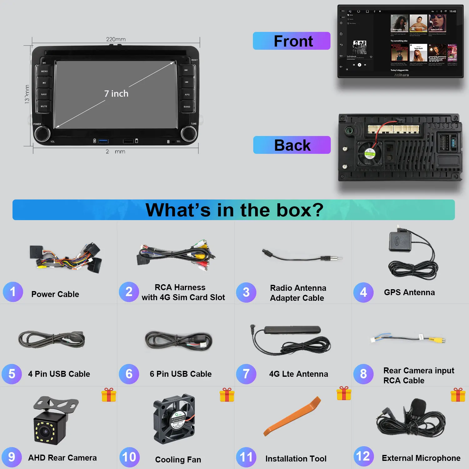 Atihara 7-дюймовый автомобильный радиоприемник Carplay Android Auto для Volkswagen Polo 2009-2013 WIFI + 4G