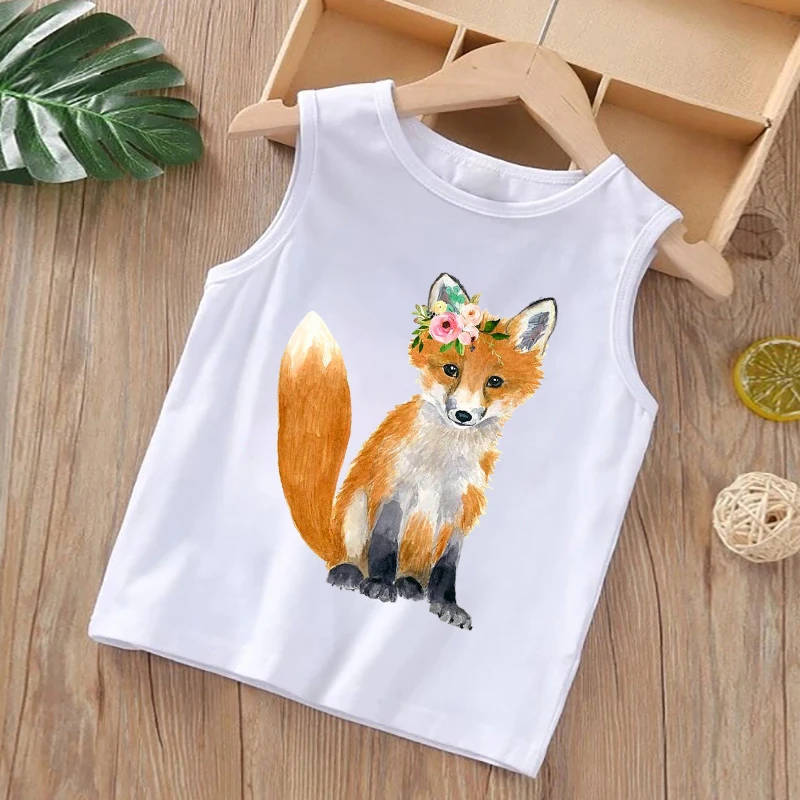 

DERMSPE Boy Girl Clothes Summer New Fashion Vest Kids Casual Round Neck Vest Cartoon Fox Flowers Graphic Printed Kids Tops