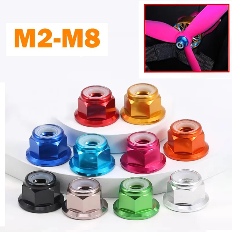 

M2 M2.5 M3 M4 M5 M6 M8 Цветная фланцевая гайка из алюминиевого сплава Нейлоновая вставка Контргайка Самоконтрящаяся гайка Anti-looseNut CW для RC