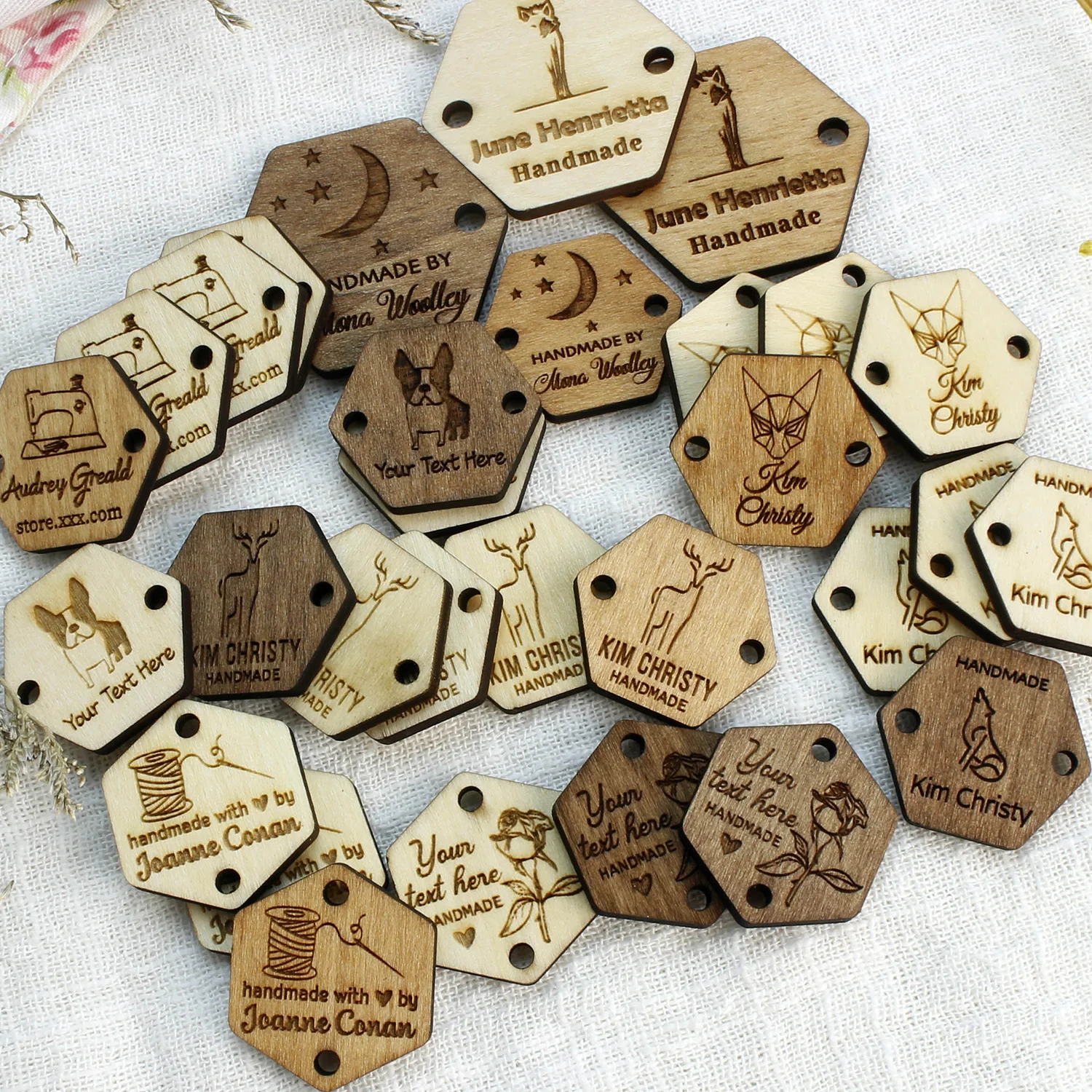 Hexagon wood,Wooden buttons,Personalized,Custom wood,Wood Name tag,Gift tags,Laser engraved,DIY WOOD CRAFT,LABEL TAG,Crocheted